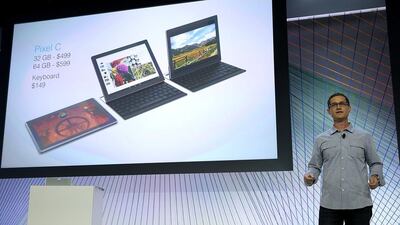 Google product manager Andrew Bowers announces the new Android-based Pixel C tablet. Justin Sullivan / Getty Images / AFP
