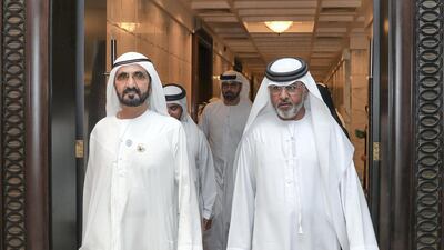 Sheikh Mohammed bin Rashid pictured with Ali Al Mazrouei at the Cabinet meeting on Sunday. Courtesy: WAM