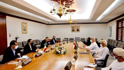 Oman's Deputy Foreign Minister Khalifa Alharthy meets Iran's Deputy Foreign Minister for Consular Affairs Seyyed Kazem Sajjadi in Muscat on Thursday. Oman News Agency