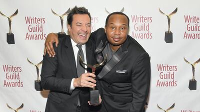 Comedians Jimmy Fallon, left, and Roy Wood Jr pose backstage at the New York ceremony at Edison Ballroom. Getty Images