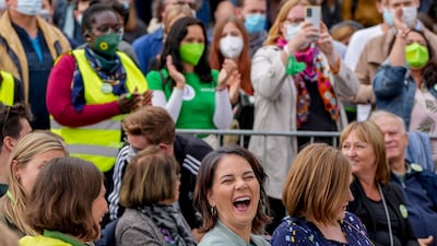 Annalena Baerbock laughs during an election campaign event in Mainz. Photo: AP