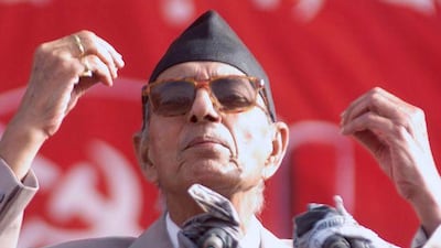 Girija Prasad Koirala adresses a large gathering in Kathmandu to protest at the sacking of the elected government by the Nepalese king in 2003.