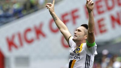 Los Angeles Galaxy forward Robbie Keane celebrates after he scored a goal against the Seattle Sounders on Saturday, July 9, 2016 in Seattle. Ted S Warren / AP Photo