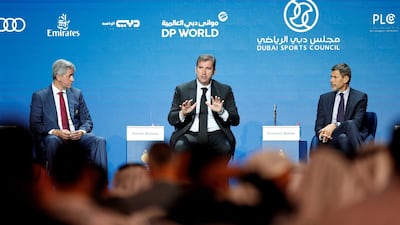 Ferran Soriano, centre, chief executive of Premier League club Manchester City, speaks during the first day of the 13th edition of the Dubai International Sports Conference in Dubai. EPA