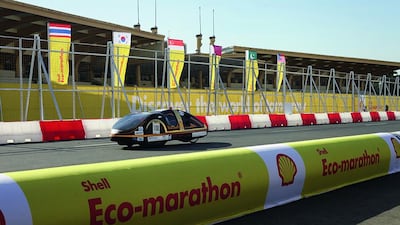 A diesel-powered vehicle from the Higher Colleges of Technology Ruwais competing at the Shell Eco-marathon. Jake Verzosa / AP Images for Shell