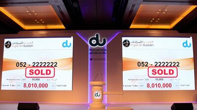 A du auction in which a mobile phone number was sold for a record Dh8 million raised Dh18.9million for UAE charities. Courtesy Du