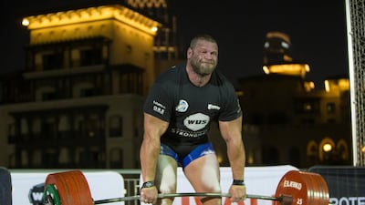 A contestant from Holland at the World's Ultimate Deadlift, Burj Plaza, Dubai.