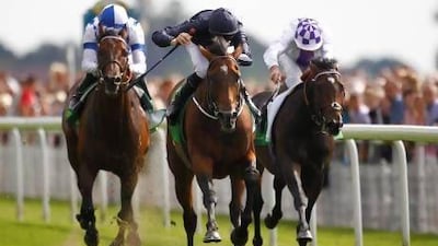 Joseph O’Brien rides Declaration Of War, centre, to a win in the Juddmonte International Stakes at York Racecourse on Wednesday. Alan Crowhurst / Getty Images