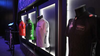 The four jerseys to be worn by various competing qualifiers during the 2015 Abu Dhabi Tour, shown on Tuesday at a press event. Delores Johnson / The National / September 15, 2015
