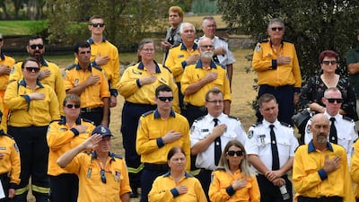 RFS volunteers pay tribute at the funeral for NSW RFS volunteer Andrew O'Dwyer at Our Lady of Victories Catholic Church in Horsley Park, Sydney. Getty Images