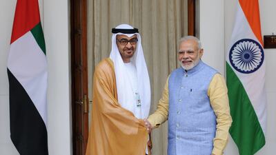 Sheikh Mohammed bin Zayed Al Nahyan, Crown Prince of Abu Dhabi and Deputy Supreme Commander of the UAE Armed Forces, and Indian prime minister Narendra Modi meet at the Hyderabab House in New Delhi. EPA