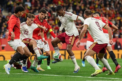 Spain defender Christhian Mosquera, centre, controls the ball during the international friendly against Egypt at RCDE Stadium in Cornella de Llobregat, near Barcelona, on March 31, 2026. AFP