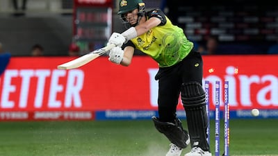 Australia's Pat Cummins is clean bowled by England's Chris Jordan. AFP