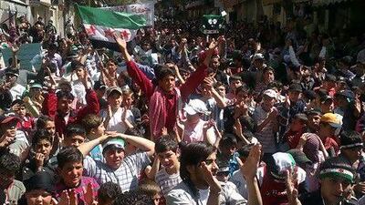 Anti-regime protesters demonstrate in the town of Yabrud, 80km north of Damascus.