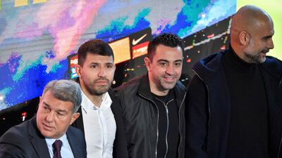 Left to right: Joan Laporta, Sergio Aguero, current Barca manager Xavi Hernandez and Pep Guardiola. AFP