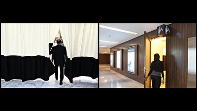A man walks through curtains in DIFC / A woman walks into a prayer room at Dubai Mall