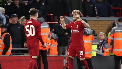 Liverpool's Harvey Elliott celebrates the victory against Derby with teammate Ben Doak. Getty