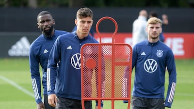 Germany's Kai Havertz, Antonio Rudiger and Timo Werner. Reuters