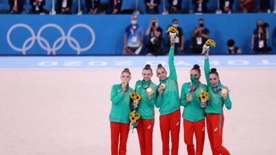 Team Bulgaria poses after winning the gold medal.