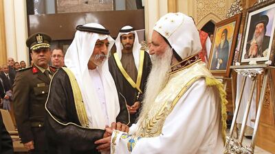 Sheikh Nahyan bin Mubarak, Minister of Culture, Youth and Community Development, greets the Egyptian Christians on the occasion of Christmas festivities at the Saint Antony Coptic Church in Abu Dhabi yesterday. Wam