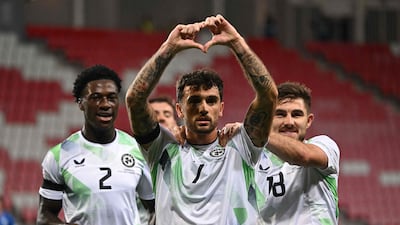 Troy Parrott celebrates scoring for Ireland against Israel in the Nations League. AFP