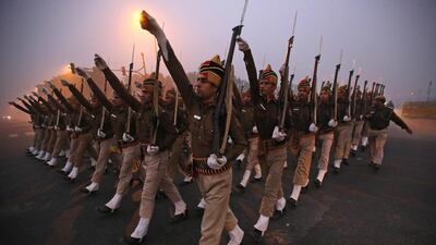 Paramilitary soldiers in New Delhi are seen rehearsing for India’s Republic Day parade. Rajat Gupta / EPA