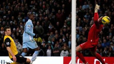 Mario Balotelli, centre, the Manchester City striker, marked his return to the starting line-up with a goal after 30 minutes against Blackburn Rovers at Etihad Stadium.