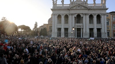 Demonstrators take part in a 'Sardine Movement' gathering in Rome on Saturday.Getty Images