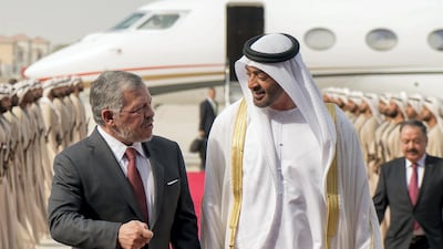 Sheikh Mohamed bin Zayed, Crown Prince of Abu Dhabi, receives King Abdullah II at Al Bateen Airport