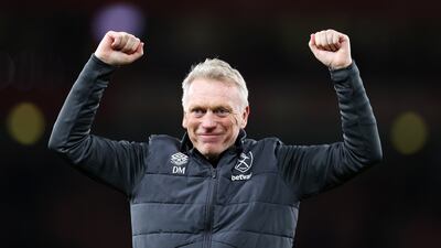 David Moyes, Manager of West Ham United, celebrates in front of the fans after defeating Arsenal. Getty Images