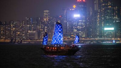 The show took place near Victoria Harbour in Hong Kong, with boat sails displaying the LV logo. Getty Images