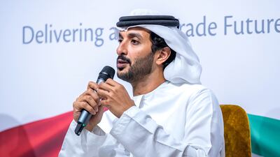 Abdulla Bin Touq, Minister of Economy, speaking at a press conference in Abu Dubai. Victor Besa / The National
