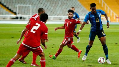 Honduras' forward Bryan Rochez (R) controls the ball during a friendly football match between United Arab Emirates and Honduras at the Estadi Olimpic Lluis Companys in Barcelona. AFP