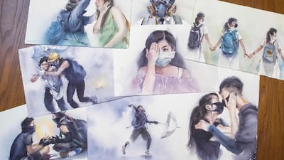 Watercolours by artist Kin Fung. Kin paints watercolours of famous moments of the demonstrations and plans to have an exhibition when the movement is finally over.