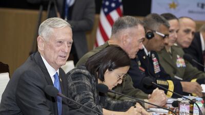 US secretary of defence Jim Mattis (L) speaks during a meeting with his South Korean counterpart, Song Young-moo (not pictured) in Seoul, South Korea, on Saturday. Lee Young-ho / Bloomberg