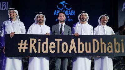 Sponsor representatives for the four Abu Dhabi Tour jerseys stand with Mark Cavendish, the official ambassador for the event, at a press conference in Abu Dhabi on Tuesday, September 15, 2015. Delores Johnson / The National