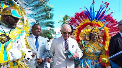 Britain's King Charles III joins a Junkanoo parade in Parliament Square in Nassau, the Bahamas. AFP
