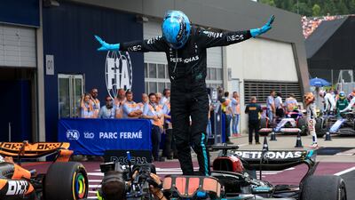 Mercedes driver George Russell celebrates winning the Austrian Grand Prix. EPA