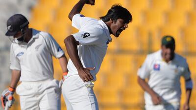 Pakistani bowler Rahat Ali celebrates after taking the wicket of New Zealand batsman Tom Latham. Aamir Qureshi / AFP