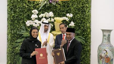 Sheikh Mohamed, Mr Widodo, Noura Al Kaabi, Minister of Culture and Knowledge Development and Muhadjir Effendy, Minister for Education and Culture, have their picture taken in Bogor palace. Hamad Al Kaabi / Ministry of Presidential Affairs