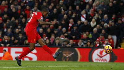 Liverpool’s Georginio Wijnaldum scores their sixth goal. Phil Noble / Reuters