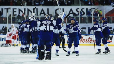 Frederik Andersen of the Toronto Maple Leafs celebrates victory. Vaughn Ridley / AFP