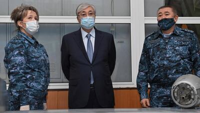 Kazakh President Kassym-Jomart Tokayev visits a police operations centre in Almaty on Wednesday. EPA