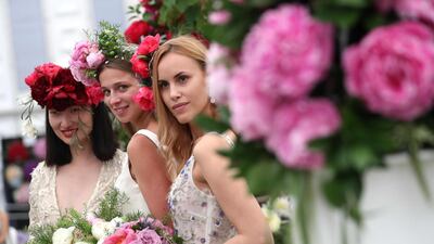 Models at the Primrose Hall peony display.