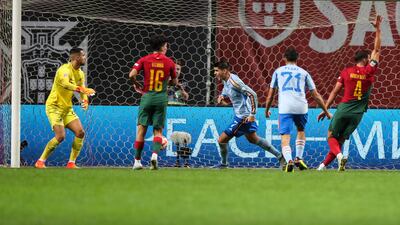 Alvaro Morata begins his celebration after scoring for Spain against Portugal. EPA