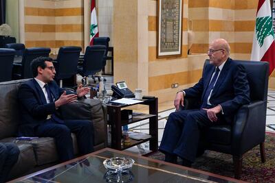 French Foreign Minister Stephane Sejourne, left, meets with Lebanese caretaker Prime Minister Najib Mikati in Beirut, Lebanon, Tuesday, Feb. 6, 2024. Sejourne arrived in Beirut earlier in the day on an official visit to discuss the situation in the Middle East and tensions along the Lebanon-Israel border. (AP Photo / Bilal Hussein)