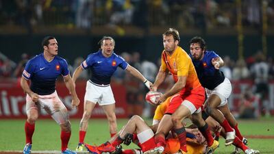 Greg Barden on the ball during the 2011 Dubai Rugby Sevens final between England and France. Mike Young / The National