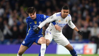 Casemiro and Mason Mount challenge for the ball during Real Madrid's 3-1 win over Chelsea in the Uefa Champions League quarter-final first leg at Stamford Bridge on April 6, 2022. Getty
