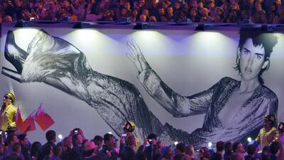 A giant poster of British model Stella Tennant is carried during the closing ceremony of the 2012 London Olympic Games, August 2012. AFP