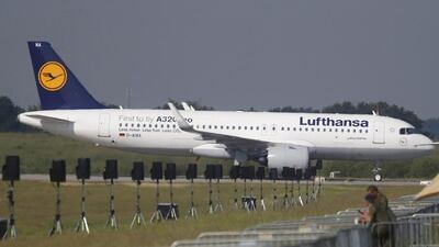 An Airbus A320neo at Schoenefeld Airport south of Berlin. The carrier has cancelled flights into the capital. Hannibal Hanschke /Reuters